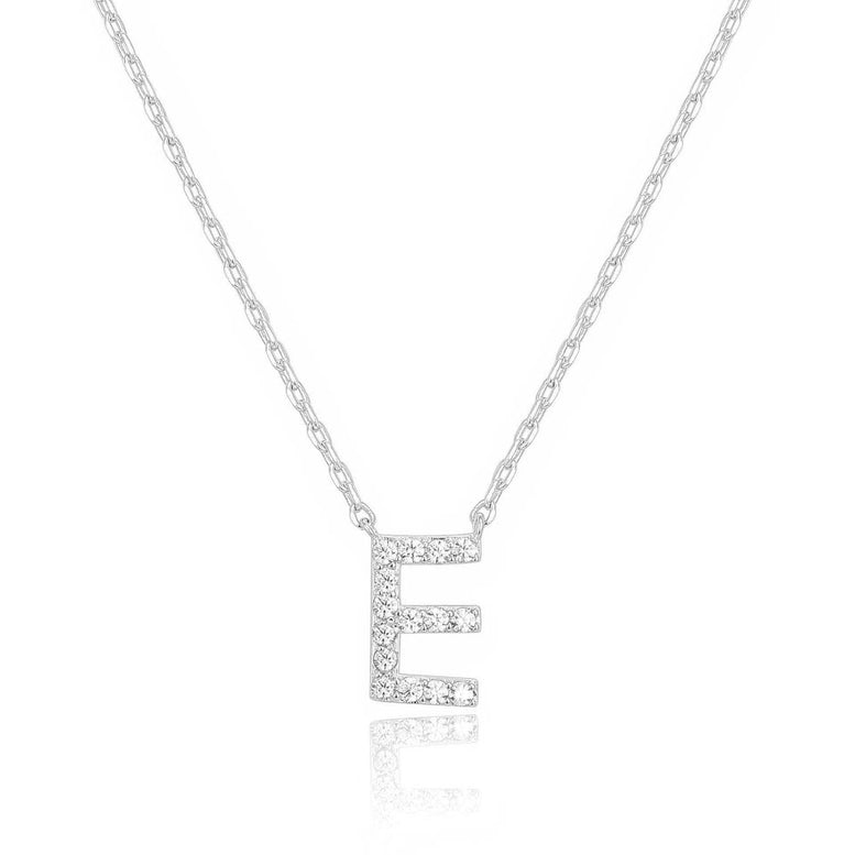 14k White Gold Created Diamond Initial E Letter Pendant Necklace Plated
