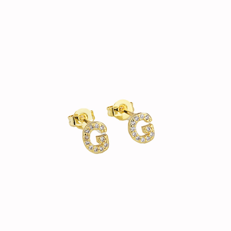 14k Yellow Gold Created White Sapphire Initial G Letter Stud Earrings Plated