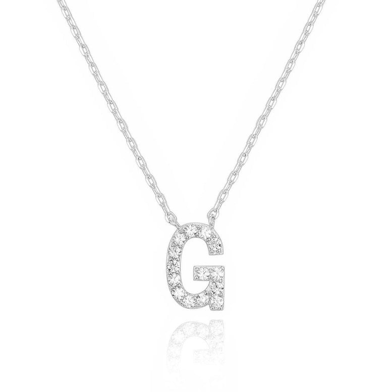 14k White Gold Created Diamond Initial G Letter Pendant Necklace Plated