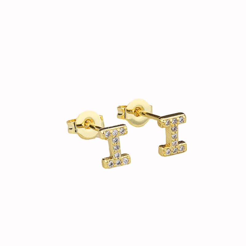 14k Yellow Gold Created White Sapphire Initial I Letter Stud Earrings Plated
