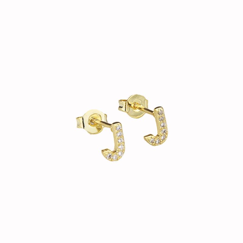 14k Yellow Gold Created White Sapphire Initial J Letter Stud Earrings Plated