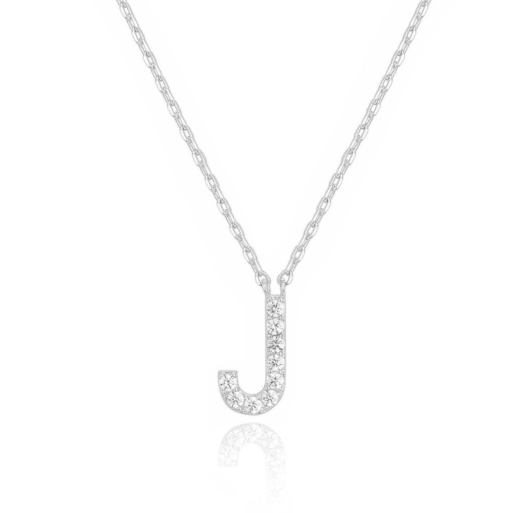 14k White Gold Created White Sapphire Initial J Letter Pendant Necklace Plated