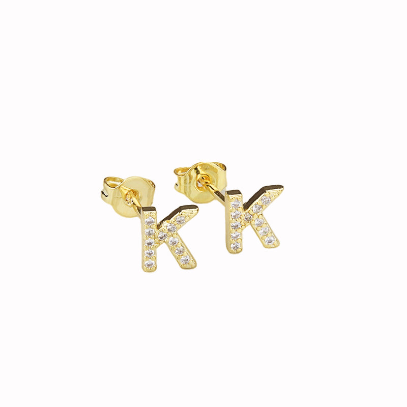 14k Yellow Gold Created White Sapphire Initial K Letter Stud Earrings Plated