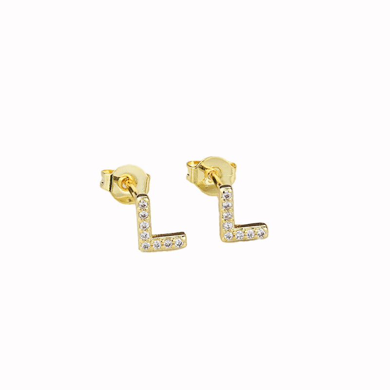 14k Yellow Gold Created White Sapphire Initial L Letter Stud Earrings Plated