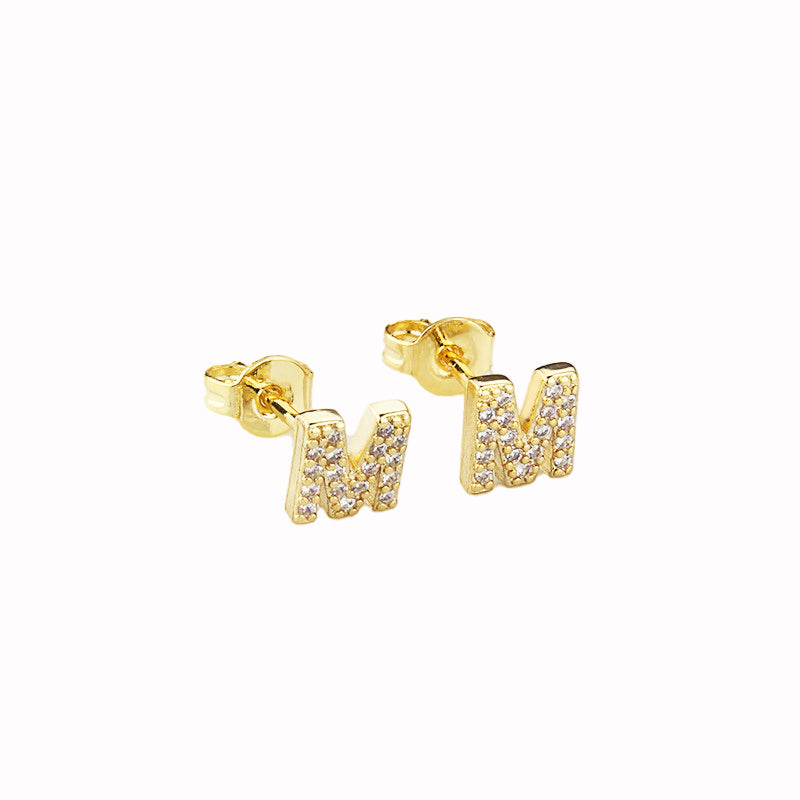 14k Yellow Gold Created White Sapphire Initial M Letter Stud Earrings Plated