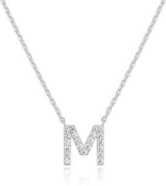 14k White Gold Created White Sapphire Initial M Letter Pendant Necklace Plated