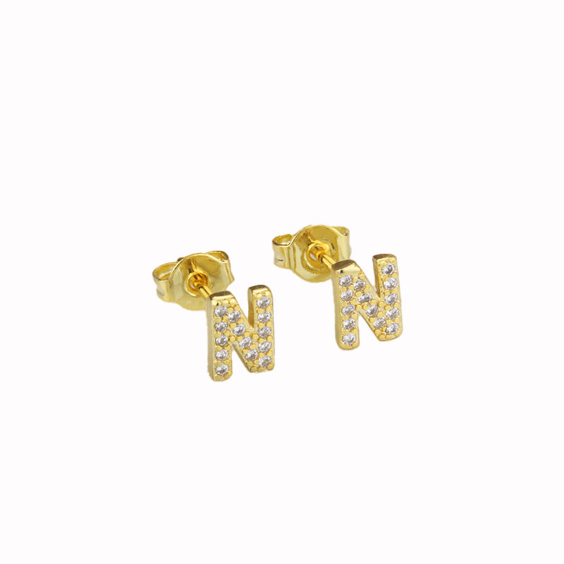14k Yellow Gold Created White Sapphire Initial N Letter Stud Earrings Plated