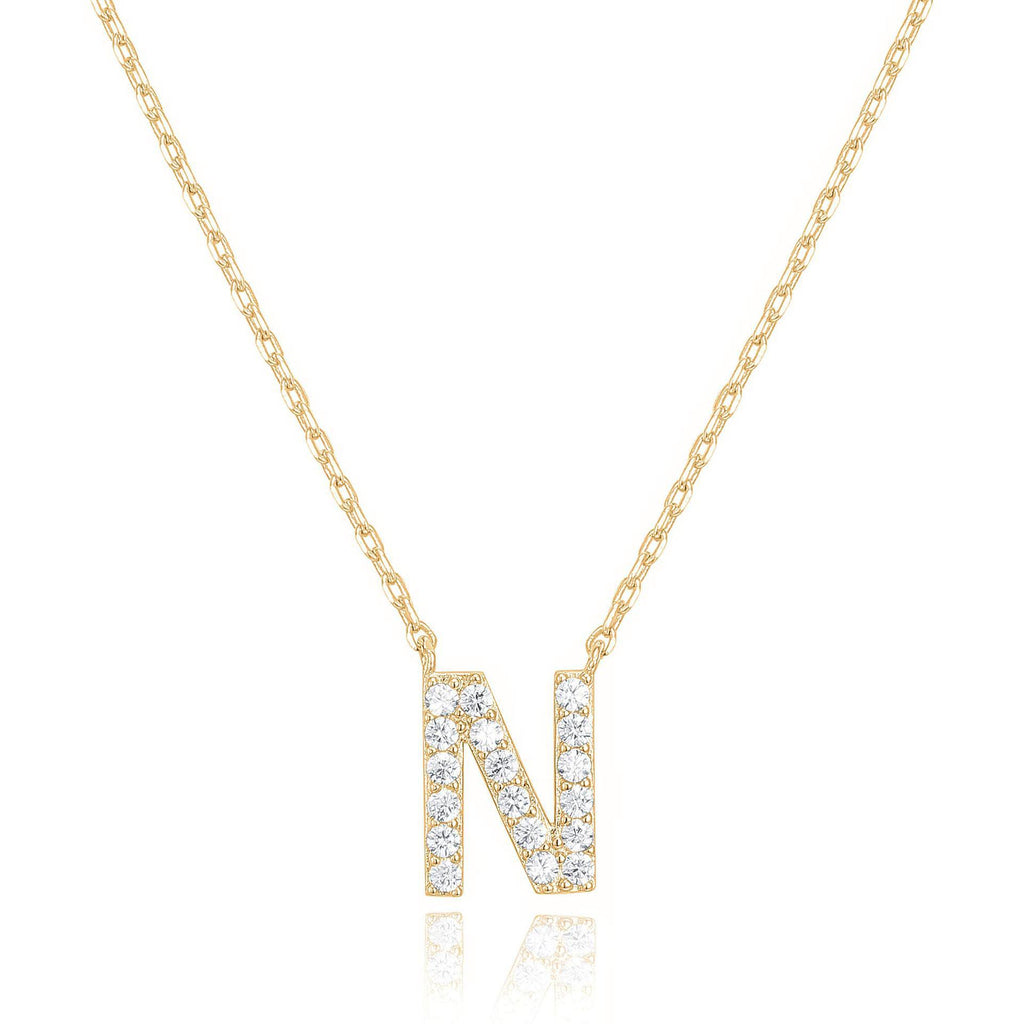 14k Yellow Gold Created White Sapphire Initial N Letter Pendant Necklace Plated