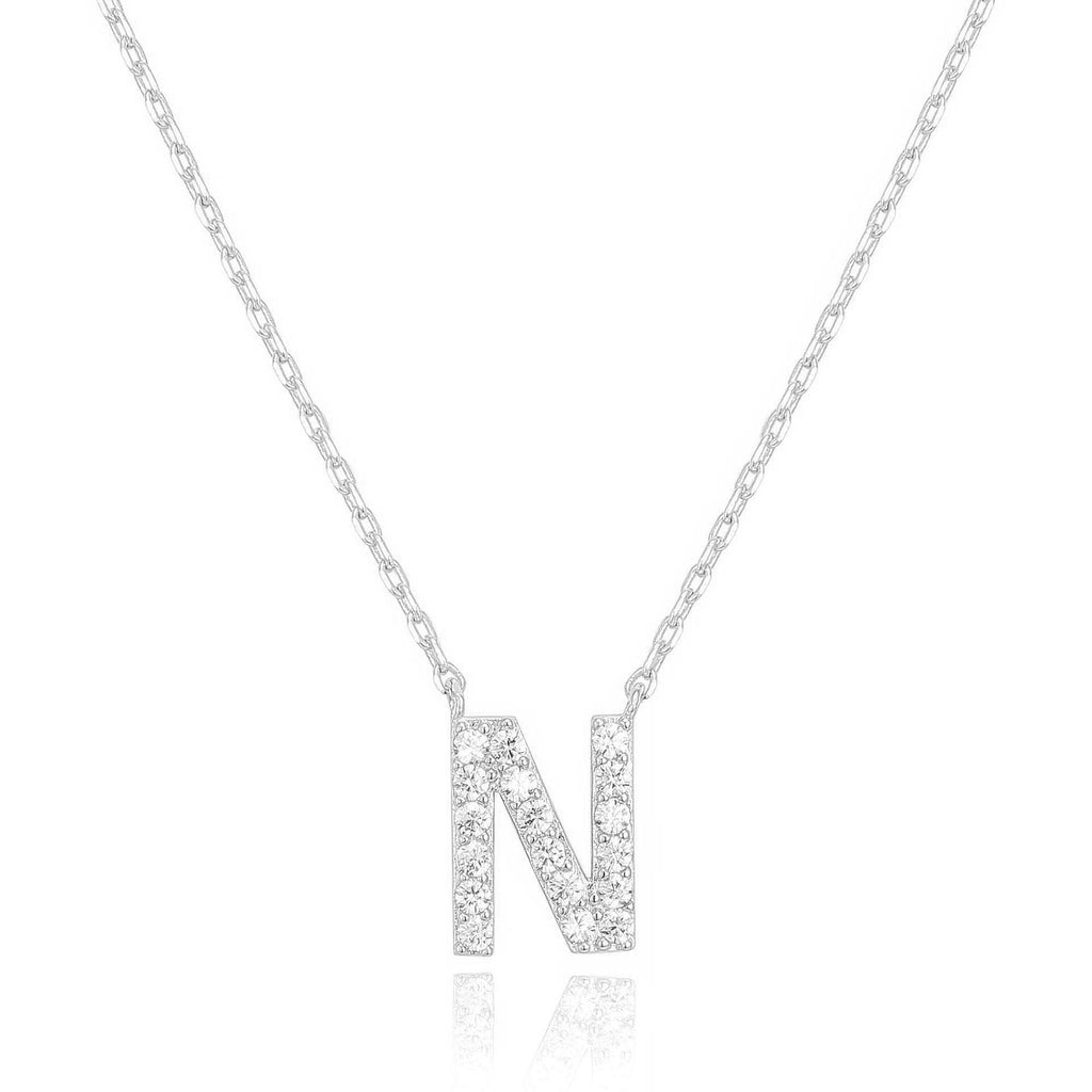 14k White Gold Created White Sapphire Initial N Letter Pendant Necklace Plated