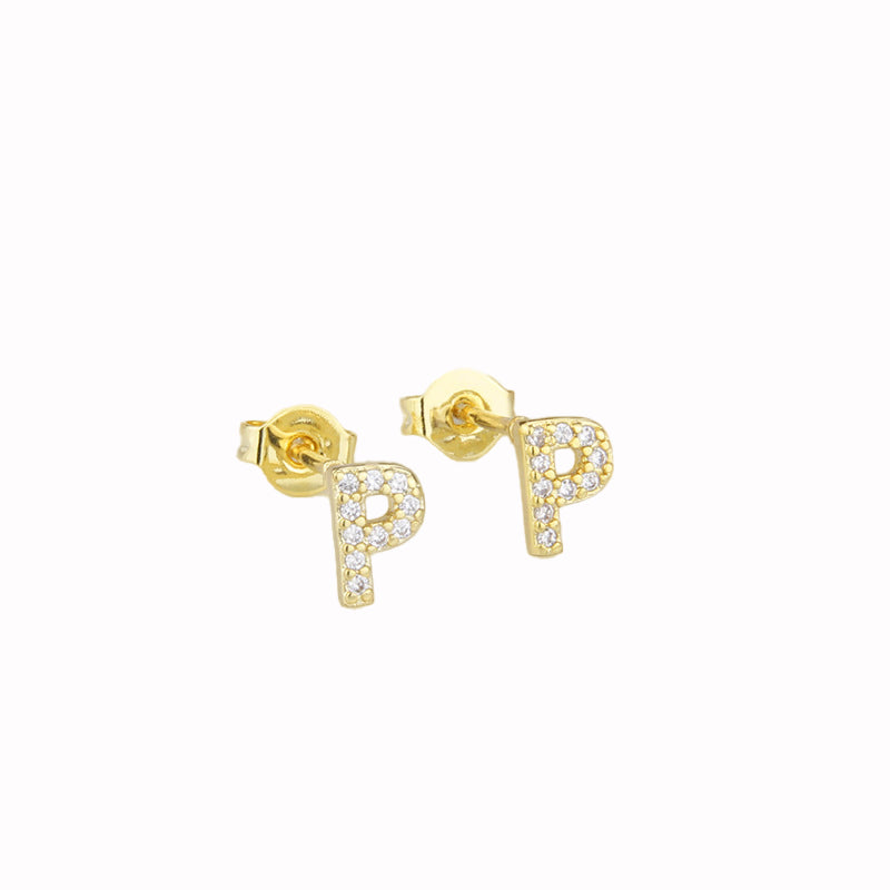 14k Yellow Gold Created White Sapphire Initial P Letter Stud Earrings Plated
