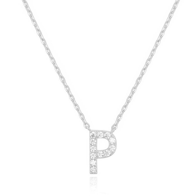 14k White Gold Created White Sapphire Initial P Letter Pendant Necklace Plated