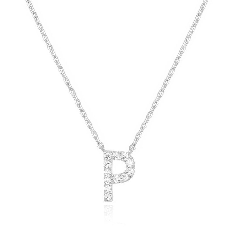 14k White Gold Created Diamond Initial P Letter Pendant Necklace Plated
