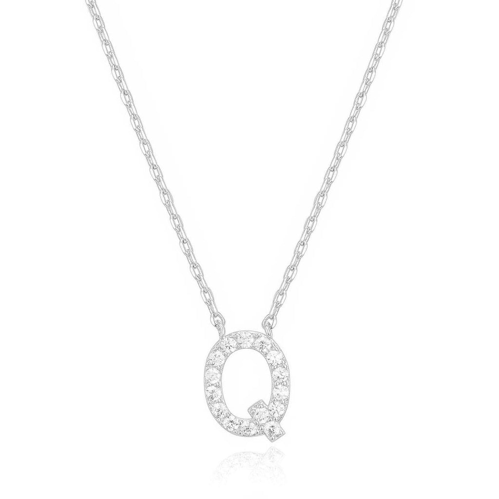 14k White Gold Created Diamond Initial Q Letter Pendant Necklace Plated