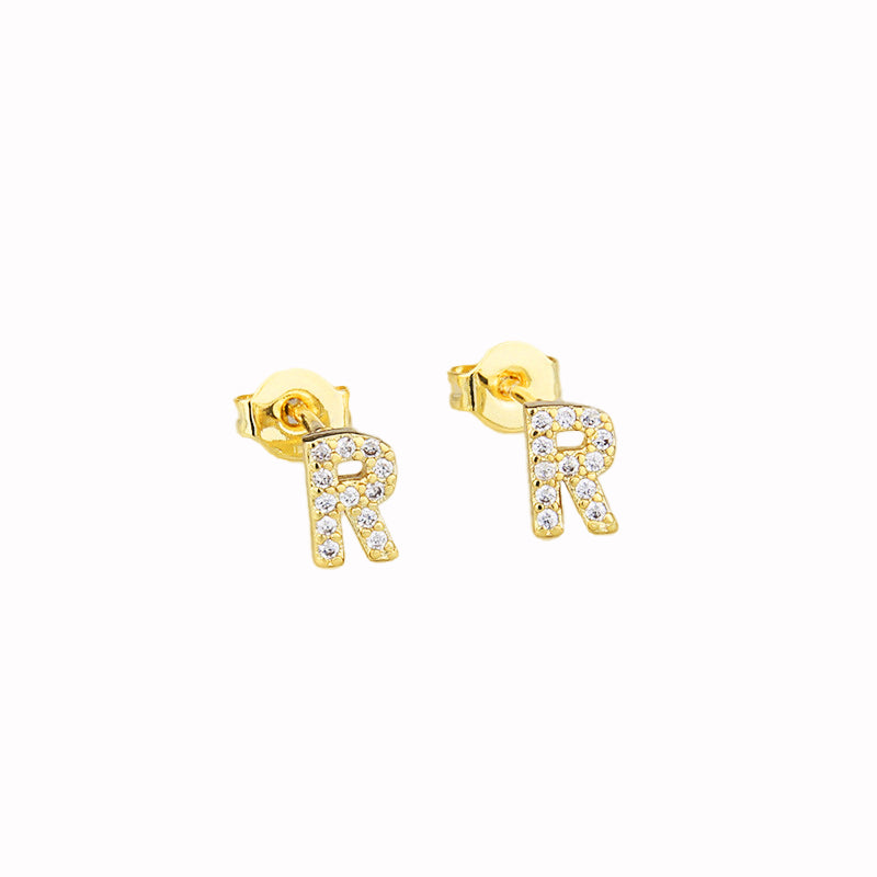 14k Yellow Gold Created White Sapphire Initial R Letter Stud Earrings Plated