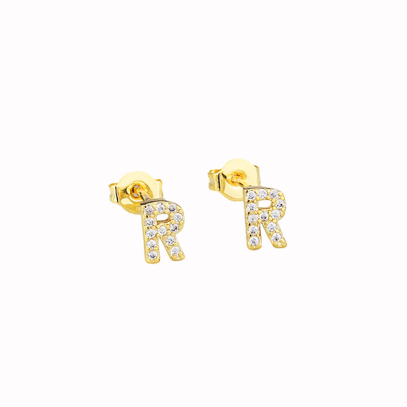 14k Yellow Gold Created White Sapphire Initial S Letter Stud Earrings Plated
