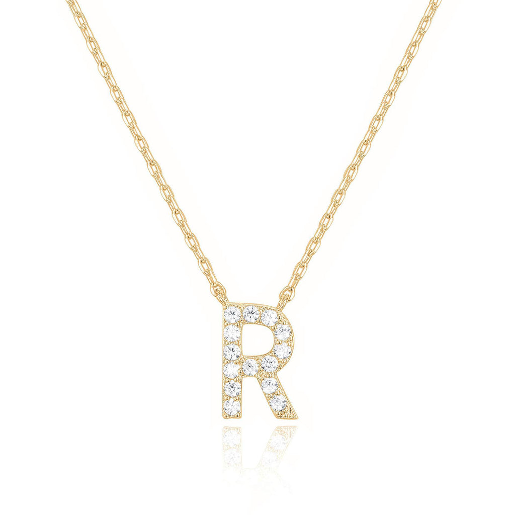 14k Yellow Gold Created White Sapphire Initial R Letter Pendant Necklace Plated