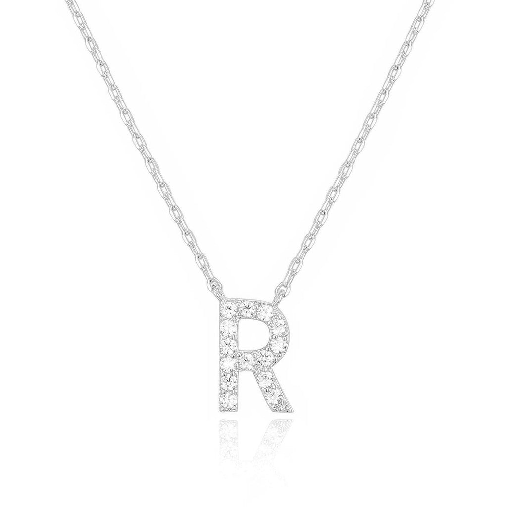 14k White Gold Created Diamond Initial R Letter Pendant Necklace Plated