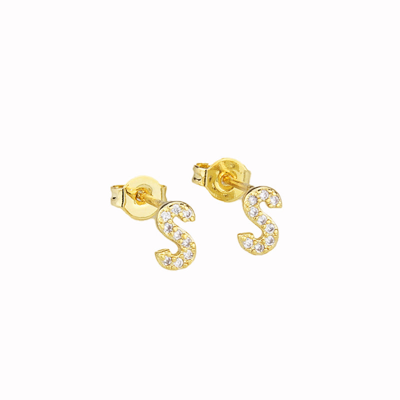 14k Yellow Gold Created Diamond Initial S Letter Stud Earrings Plated