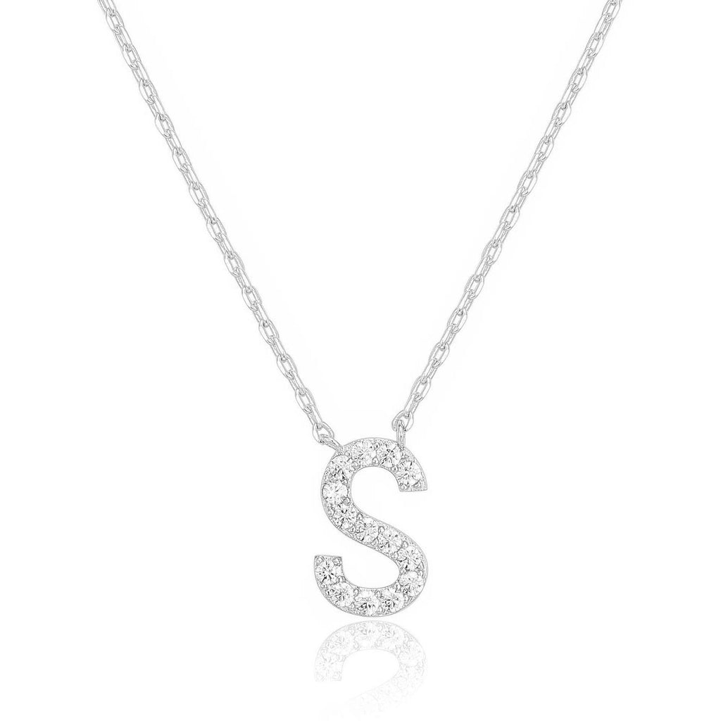14k White Gold Created White Sapphire Initial S Letter Pendant Necklace Plated