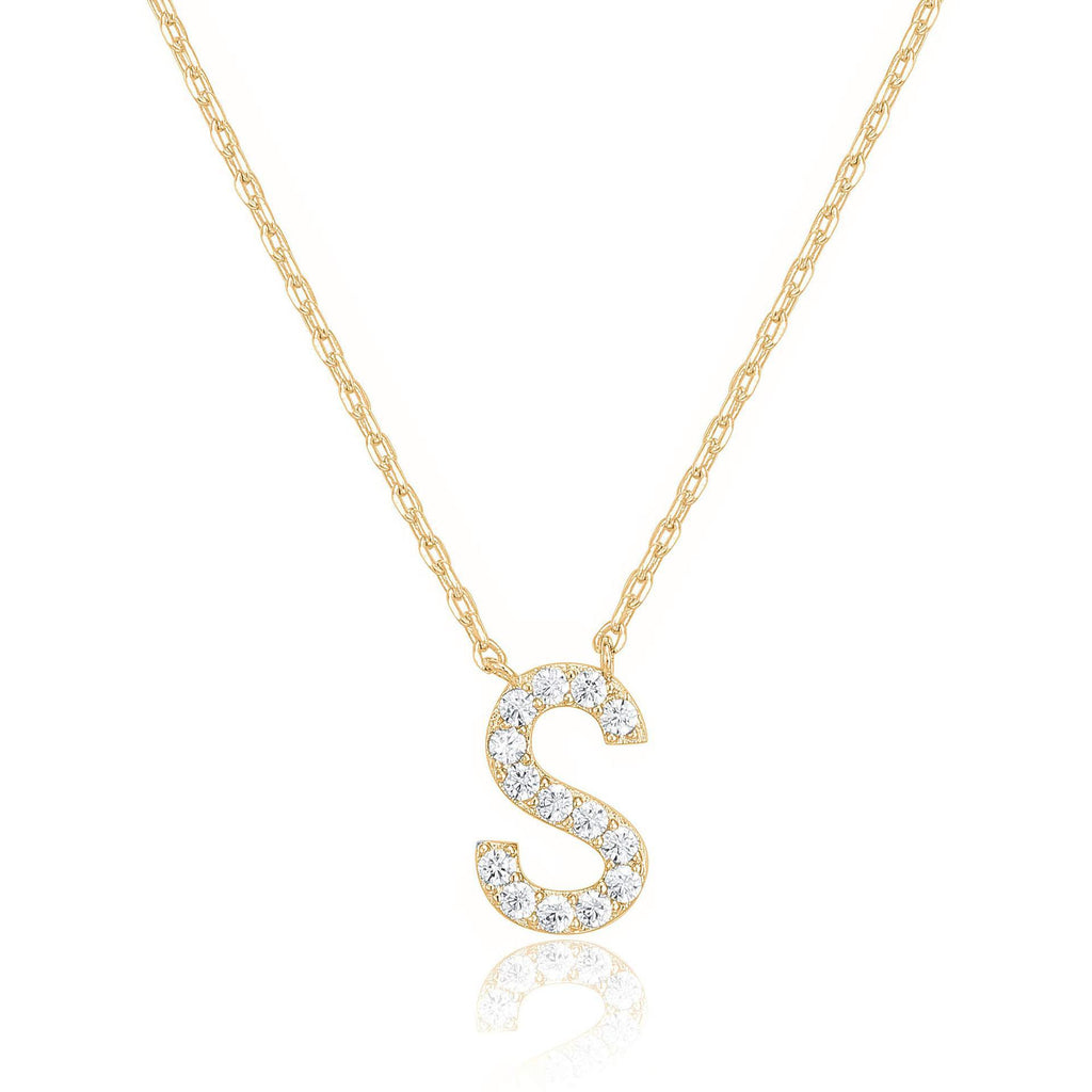 14k Yellow Gold Created White Sapphire Initial S Letter Pendant Necklace Plated
