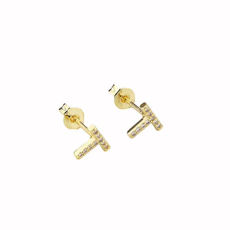 14k Yellow Gold Created Diamond Initial T Letter Stud Earrings Plated