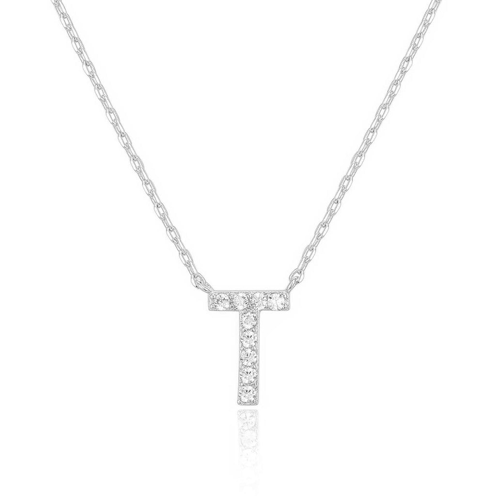 14k White Gold Created White Sapphire Initial T Letter Pendant Necklace Plated