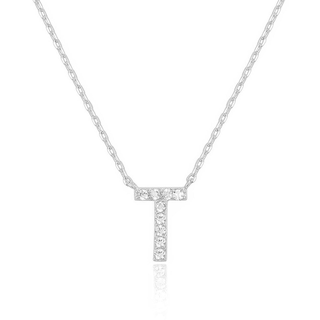 14k White Gold Created Diamond Initial T Letter Pendant Necklace Plated