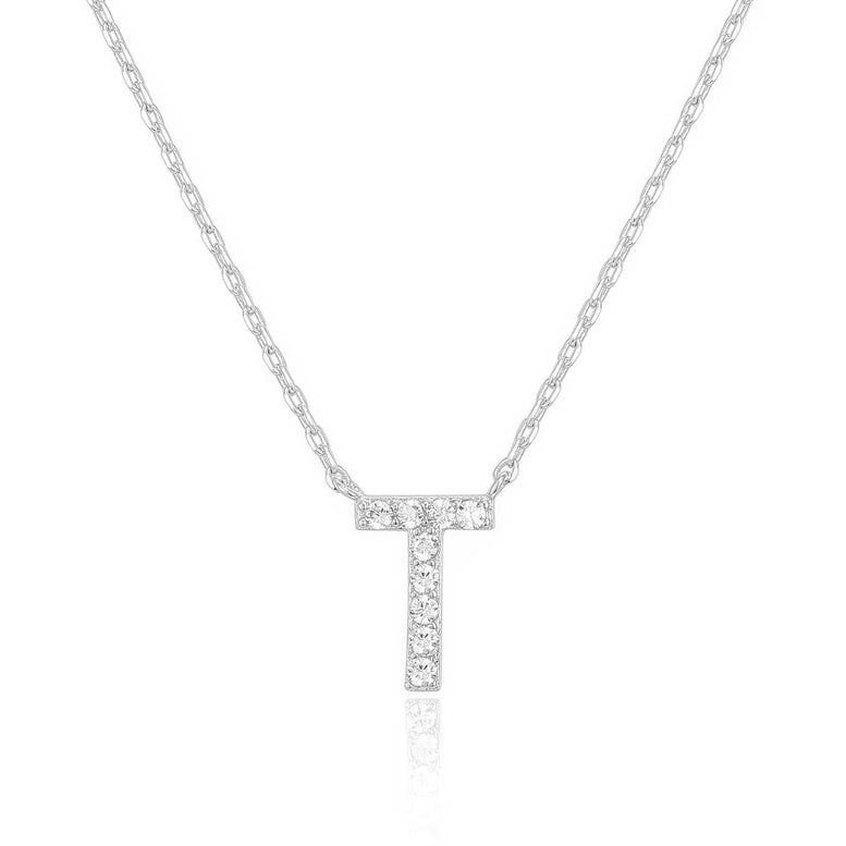 14k White Gold Created Diamond Initial T Letter Pendant Necklace Plated