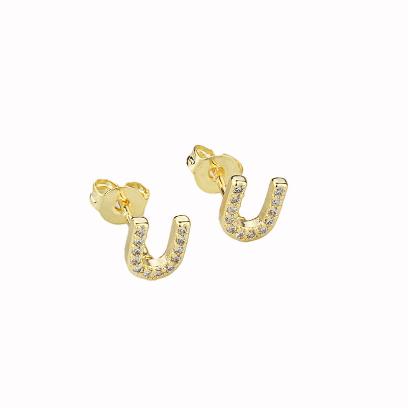 14k Yellow Gold Created Diamond Initial U Letter Stud Earrings Plated