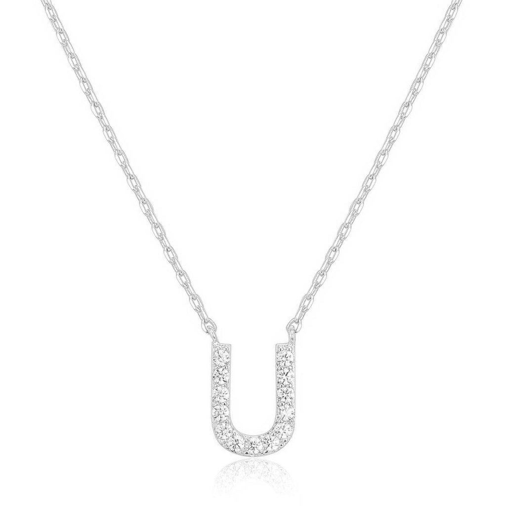 14k White Gold Created White Sapphire Initial U Letter Pendant Necklace Plated