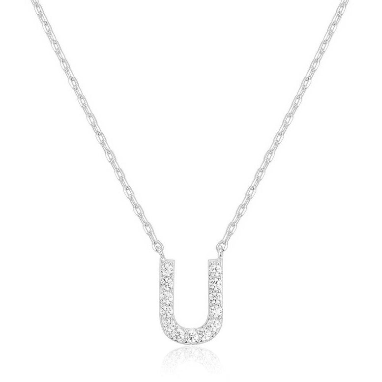 14k White Gold Created White Sapphire Initial U Letter Pendant Necklace Plated