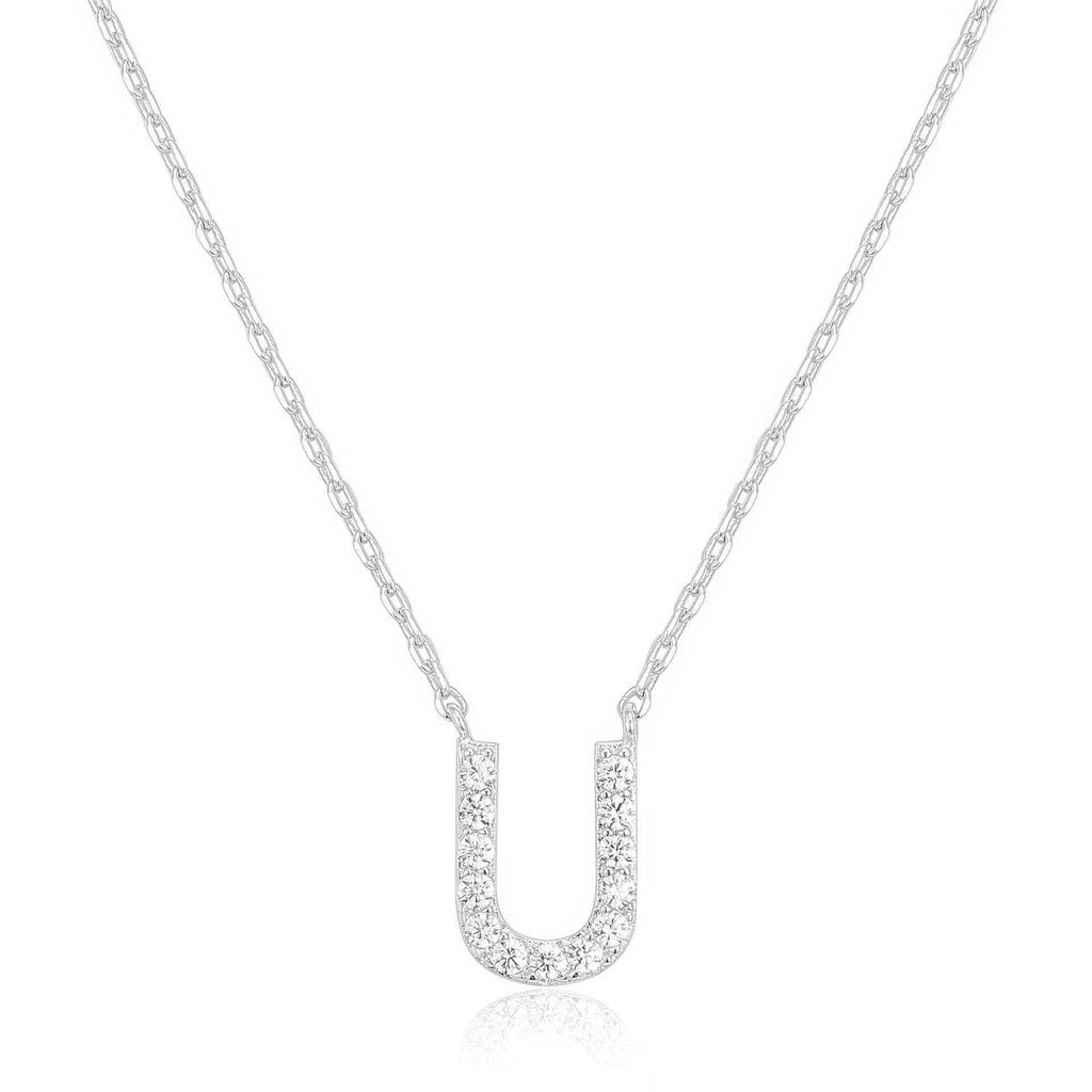 14k White Gold Created Diamond Initial U Letter Pendant Necklace Plated