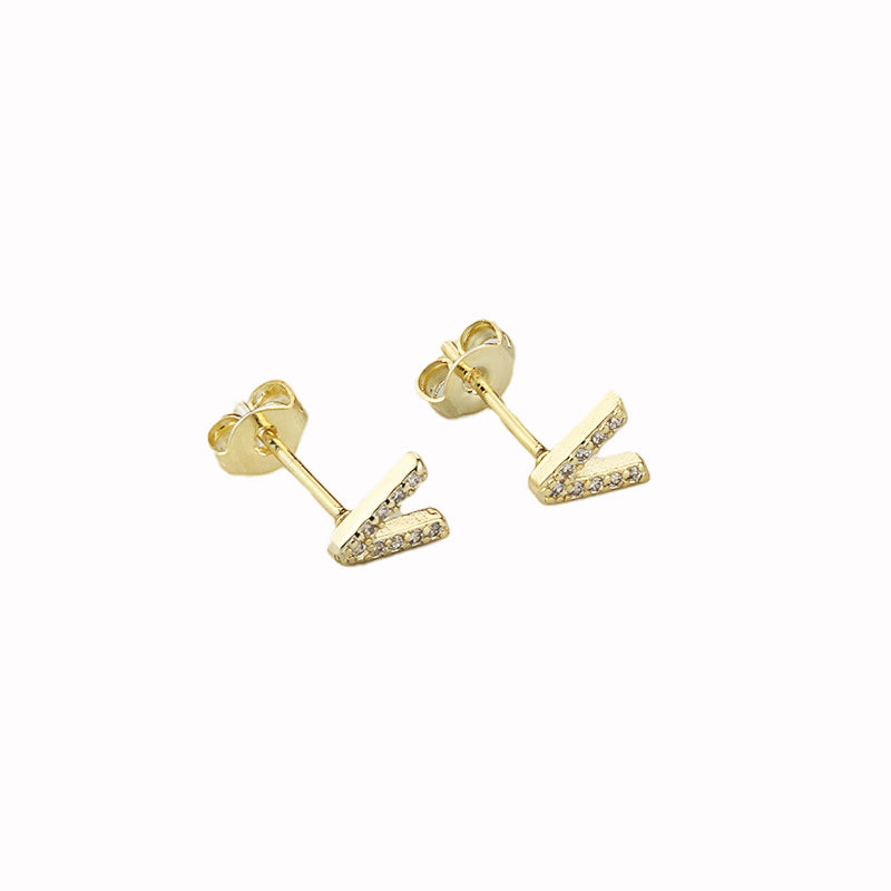 14k Yellow Gold Created White Sapphire Initial V Letter Stud Earrings Plated