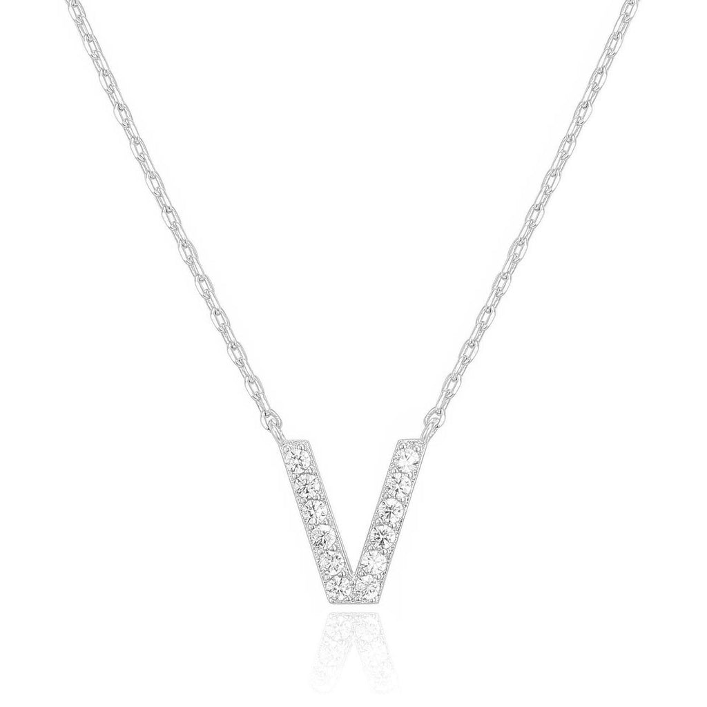 14k White Gold Created Diamond Initial V Letter Pendant Necklace Plated