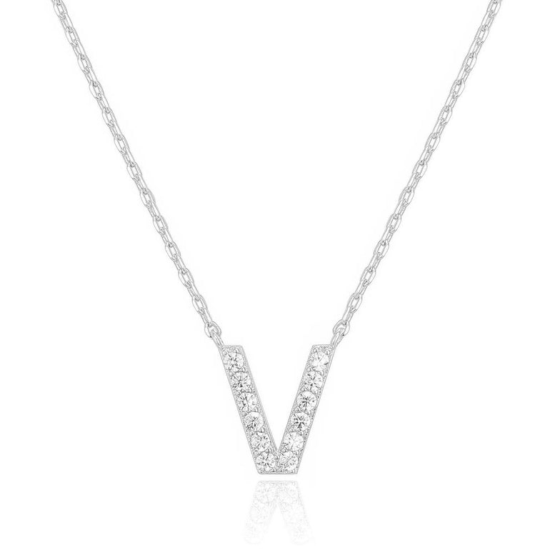 14k White Gold Created Diamond Initial V Letter Pendant Necklace Plated