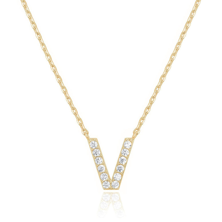 14k Yellow Gold Created Diamond Initial V Letter Pendant Necklace Plated