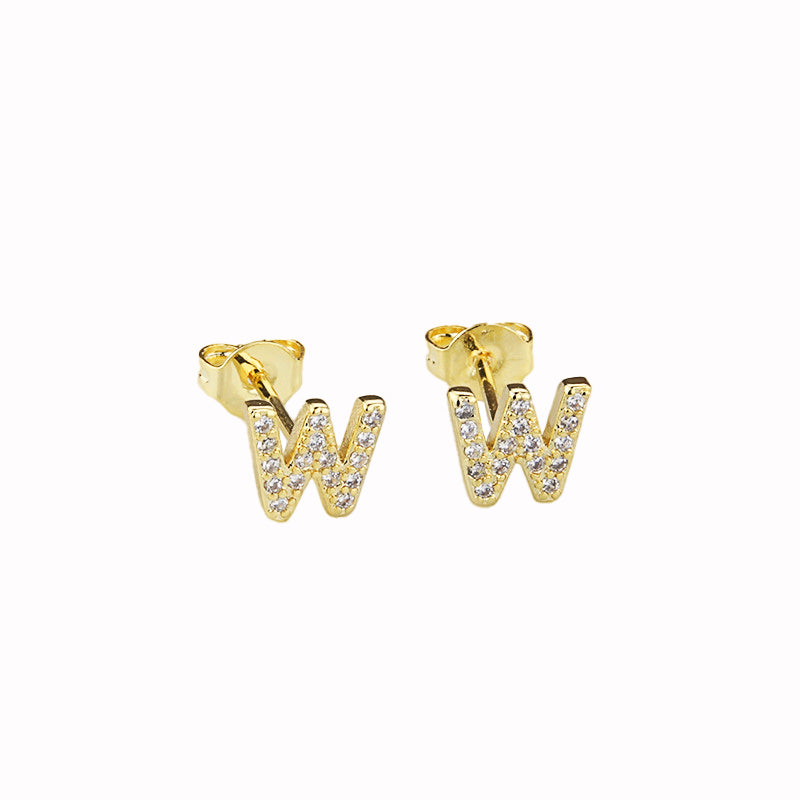 14k Yellow Gold Created White Sapphire Initial W Letter Stud Earrings Plated