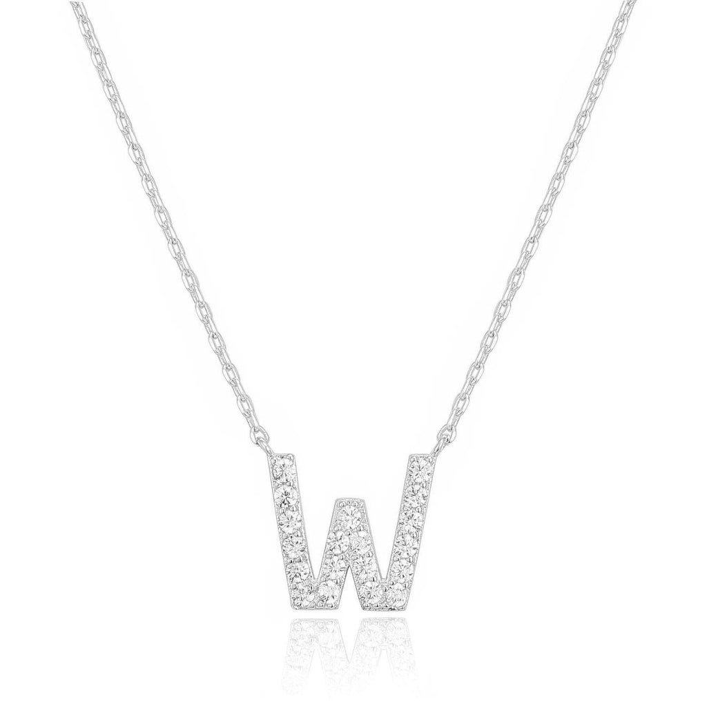 14k White Gold Created Diamond Initial W Letter Pendant Necklace Plated