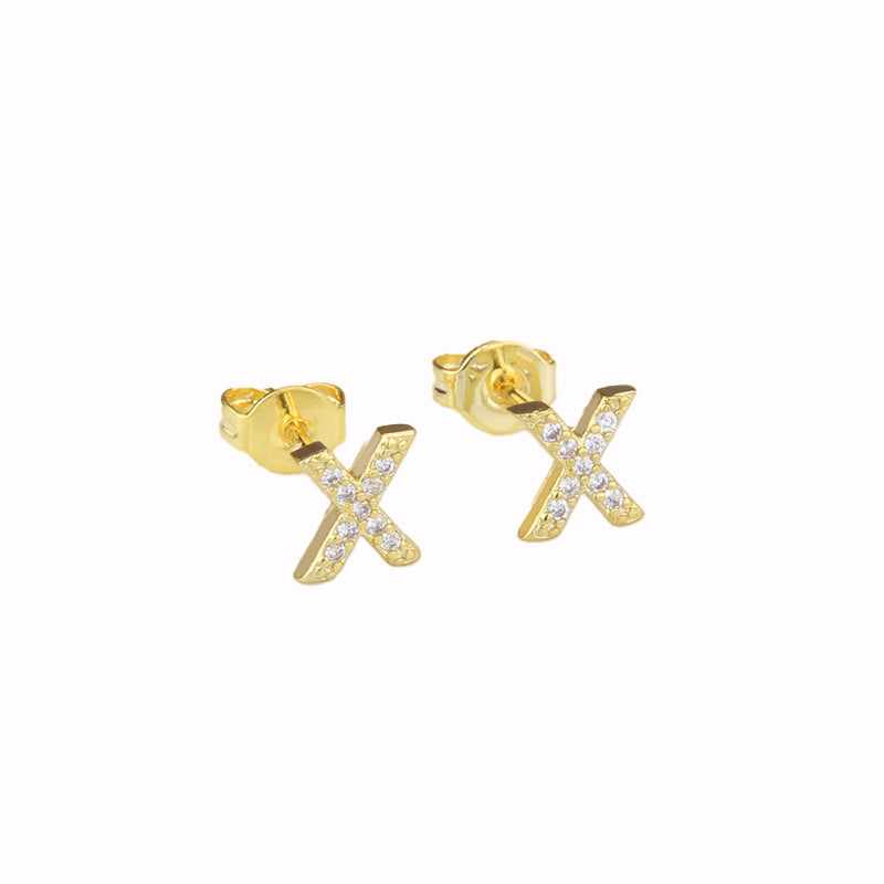 14k Yellow Gold Created White Sapphire Initial X Letter Stud Earrings Plated