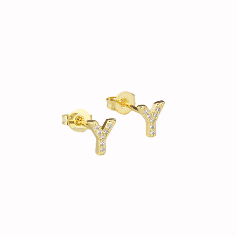 14k Yellow Gold Created White Sapphire Initial Y Letter Stud Earrings Plated