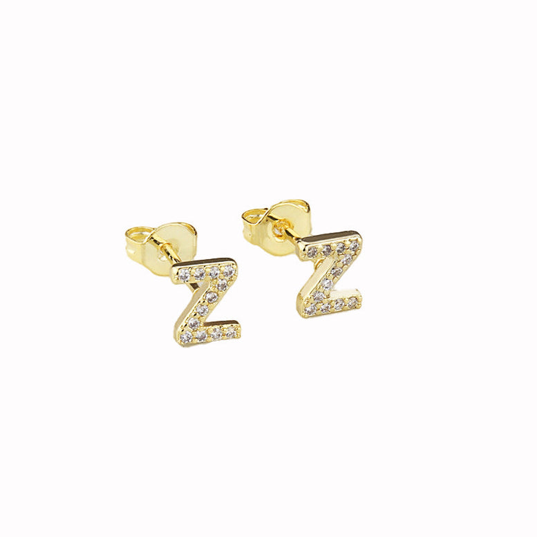 14k Yellow Gold Created Diamond Initial Z Letter Stud Earrings Plated