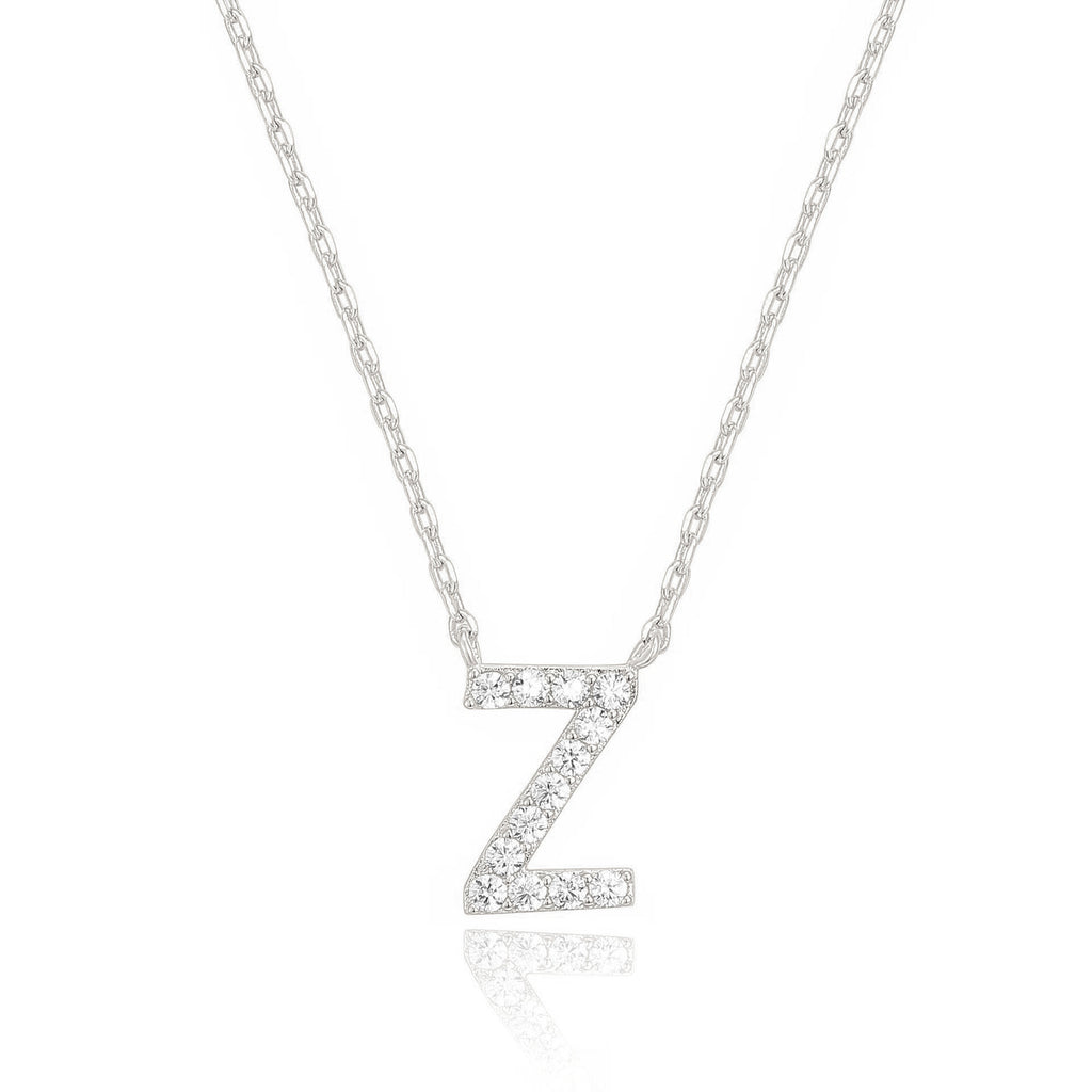 14k White Gold Created White Sapphire Initial Z Letter Pendant Necklace Plated