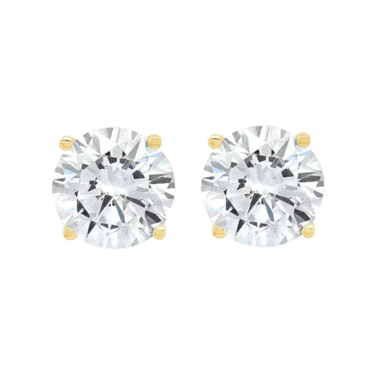 Paris Jewelry 14K Yellow Solid Gold Created White Diamond 1/4Ct, 1/2Ct, 1Ct, 2Ct, 3Ct Round and Princess Stud Earrings 2 Pairs