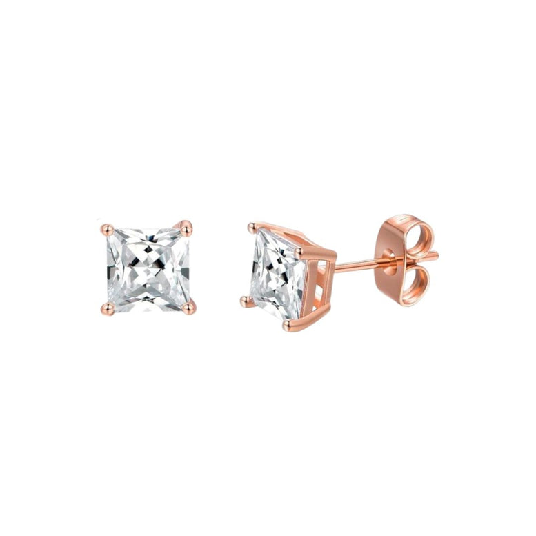 Paris Jewelry 14K Rose Solid Gold Created White Diamond Princess 1/4Ct, 1/2Ct, 1Ct, 2Ct, 3Ct Stud Earrings - D/VVS1