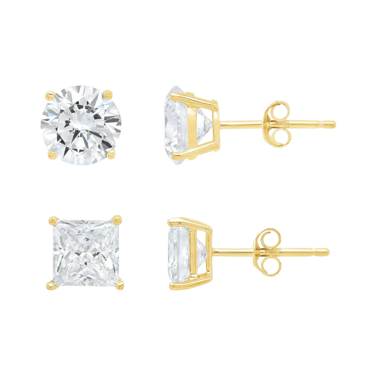 Paris Jewelry 14K Yellow Solid Gold Created White Diamond 1/4Ct, 1/2Ct, 1Ct, 2Ct, 3Ct Round and Princess Stud Earrings 2 Pairs