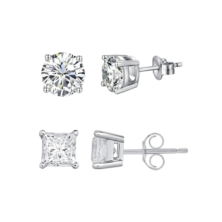 Paris Jewelry 14K White Solid Gold Created White Diamond 1/4Ct, 1/2Ct, 1Ct, 2Ct, 3CT Round and Princess Stud Earrings 2 Pairs
