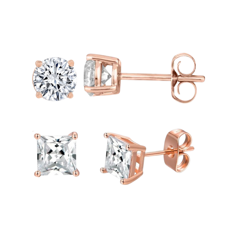 Paris Jewelry 14K Rose Solid Gold Created White Diamond 1/4Ct, 1/2Ct, 1Ct, 2Ct, 3Ct Round and Princess Stud Earrings 2 Pairs