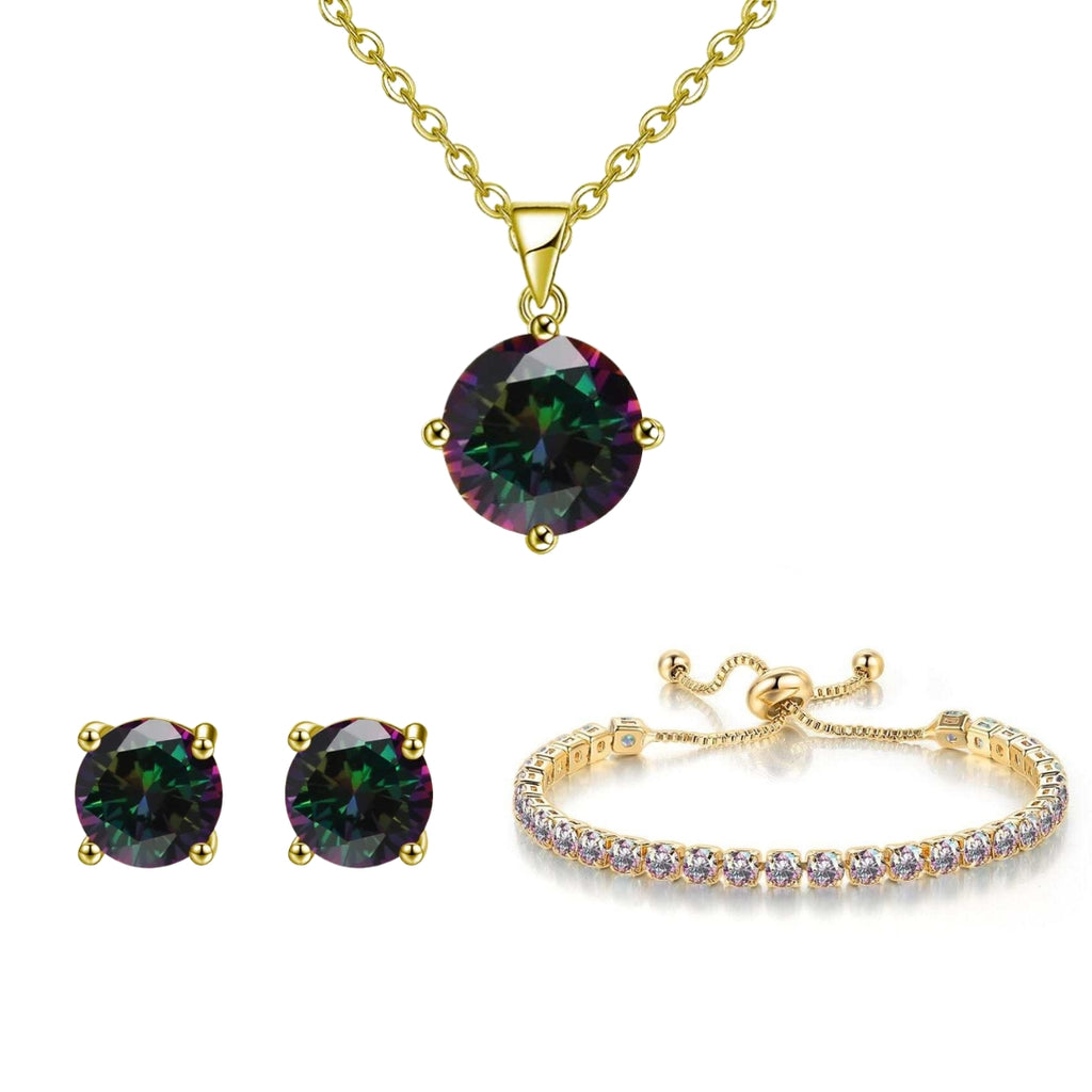 18k Yellow Gold 7 Ct Round Created Mystic Set of Necklace, Earrings and Bracelet Plated