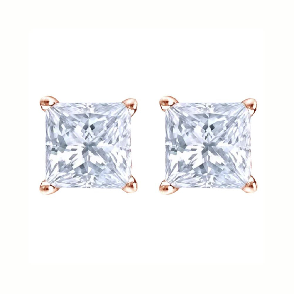Paris Jewelry 14K Rose Solid Gold Created White Diamond Princess 1/4Ct, 1/2Ct, 1Ct, 2Ct, 3Ct Stud Earrings - D/VVS1