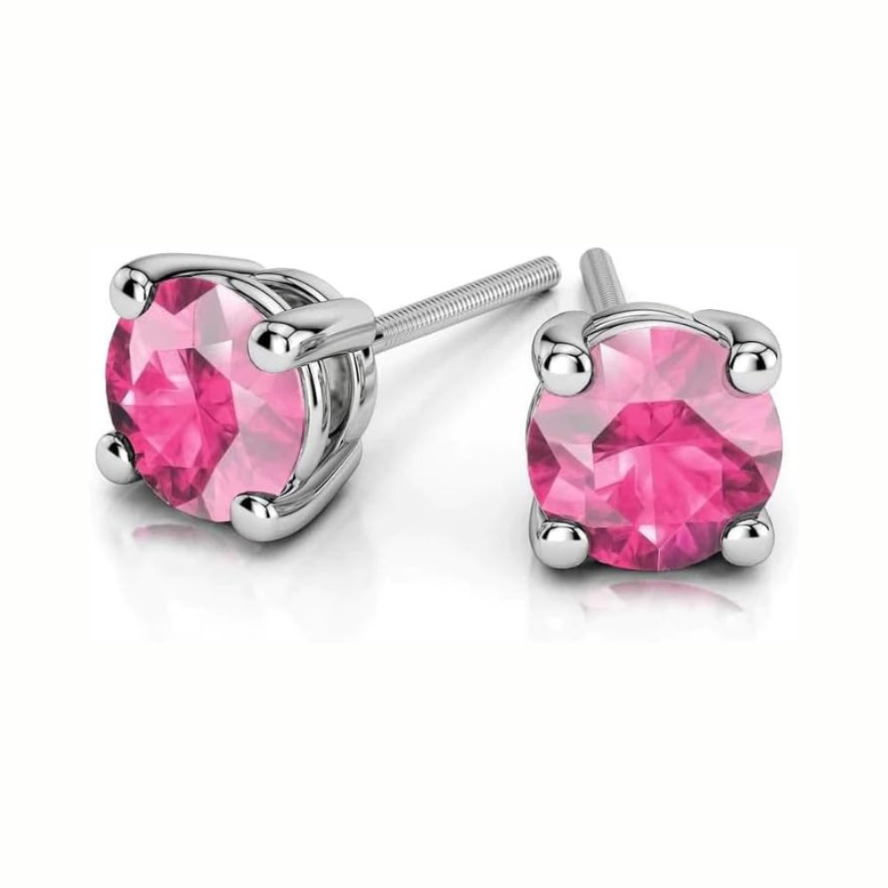 White Gold Created Pink Sapphire Round Stud